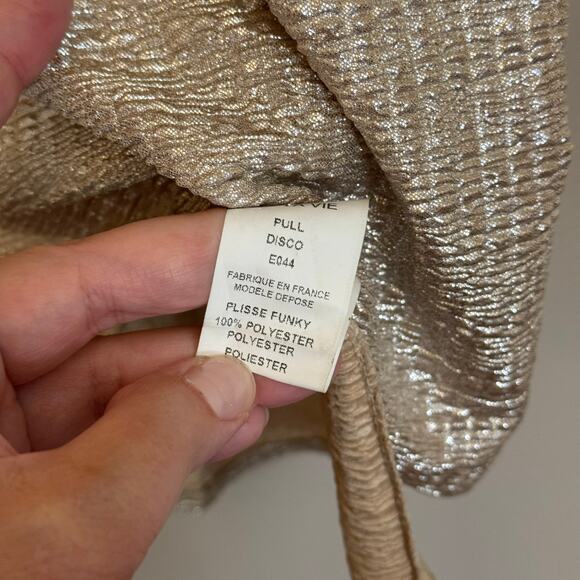 Vie Ta Vie Paris Blouse Womens XL Tan Metallic Plisse Funky Disco Evening Party - Picture 7 of 8